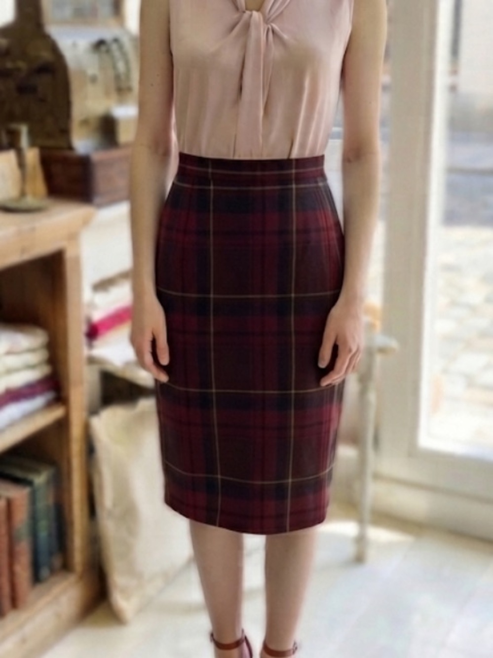 Michele Burgundy Plaid Pencil Skirt